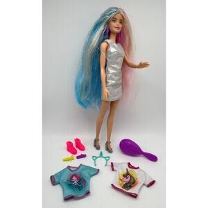 Barbie Fantasy Hair Fashion Doll Pink Blue Metallic Blonde Hair Silver Dress Toy
